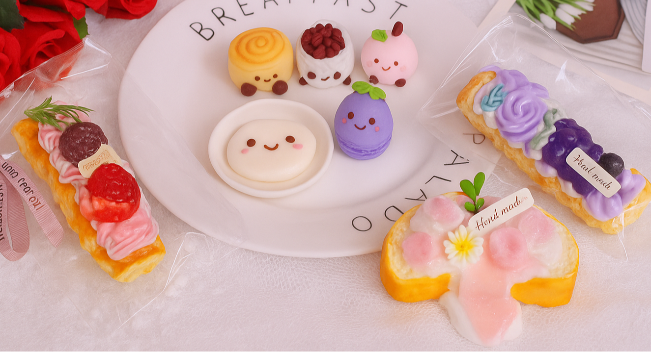 Dessert Taba Squishy collection on a white plate with cute handmade pastry squishies, including fruit tarts, macarons, buns, and kawaii character treats — Pawkemon Squishy