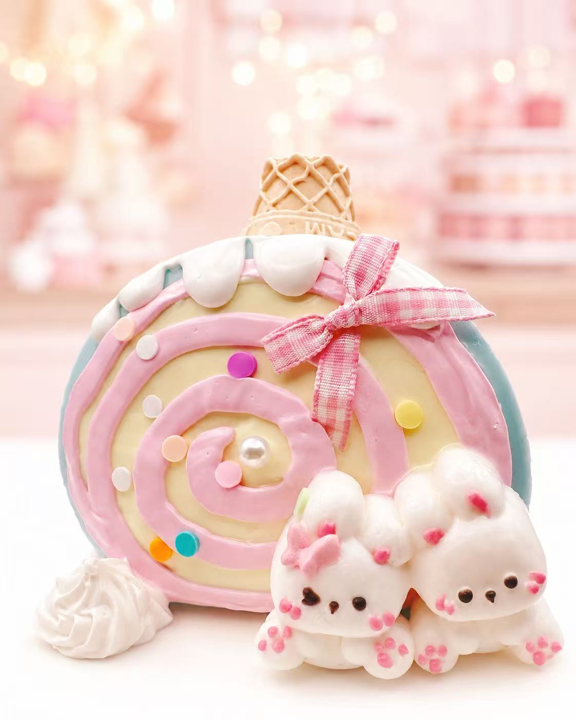Handmade Ice Cream Bunny Cake Taba Squishy with pastel Swiss roll cake design, waffle cone detail, pink ribbon, and two tiny bunny characters.