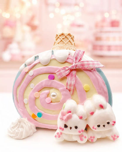 Handmade Ice Cream Bunny Cake Taba Squishy with pastel Swiss roll cake design, waffle cone detail, pink ribbon, and two tiny bunny characters.
