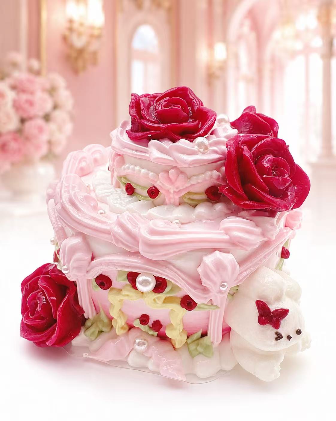 Handmade Rose Palace Bunny Cake Taba Squishy with glossy red roses, pink palace-style cake details, pearl decorations, and a tiny bunny accent.