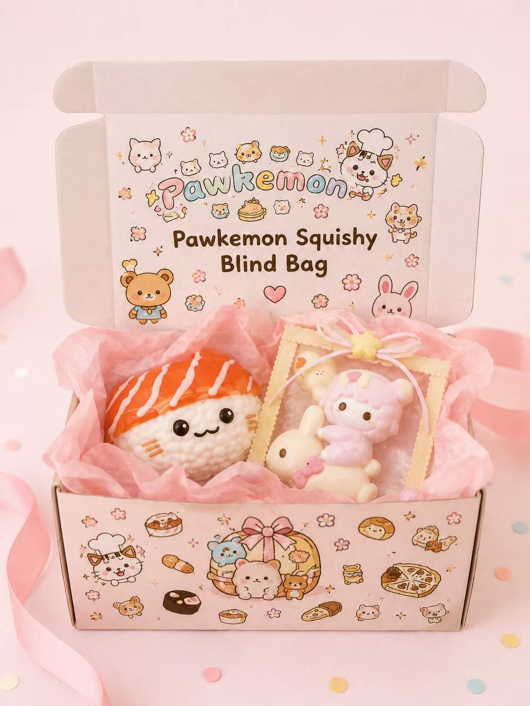 Pawkemon Squishy Blind Bag cover featuring a pastel gift box with handmade taba squishy examples, cute character designs, and surprise blind bag packaging.