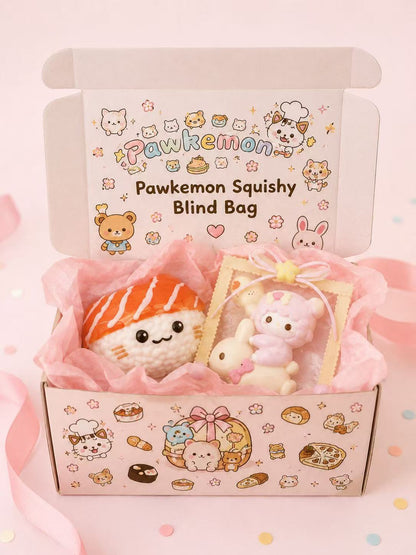 Pawkemon Squishy Blind Bag cover featuring a pastel gift box with handmade taba squishy examples, cute character designs, and surprise blind bag packaging.
