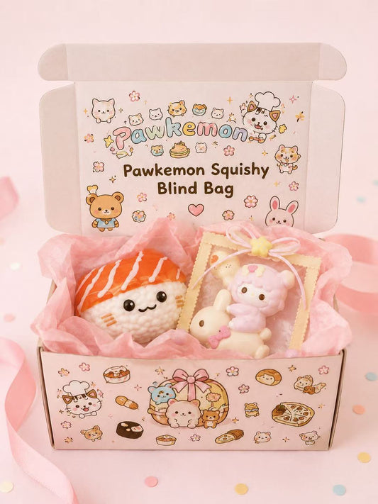 Pawkemon Squishy Blind Bag cover featuring a pastel gift box with handmade taba squishy examples, cute character designs, and surprise blind bag packaging.