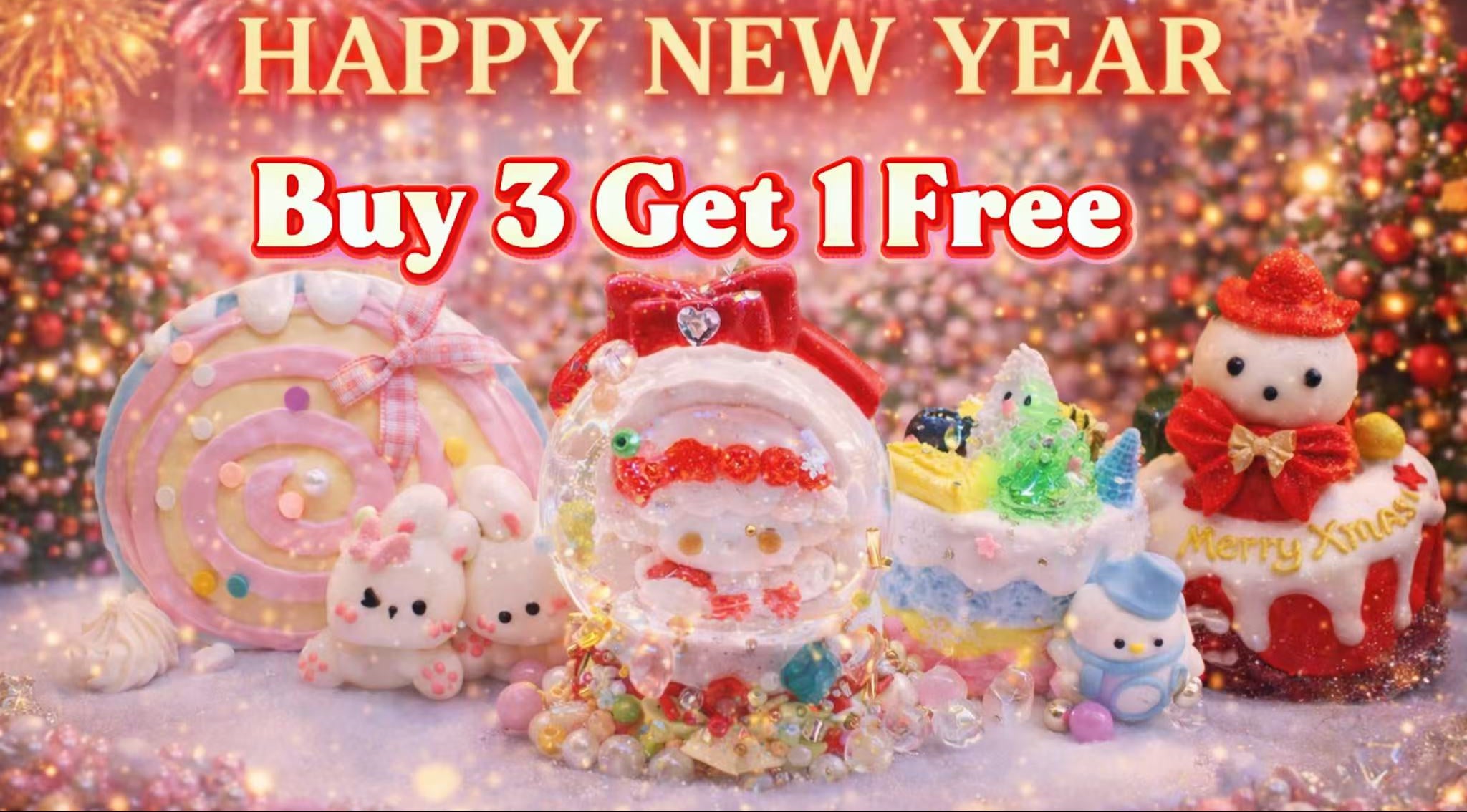 Pawkemon handmade taba squishy Happy New Year promo banner featuring pastel dessert squishies, snow globe squishy, cute animal characters and festive holiday decorations