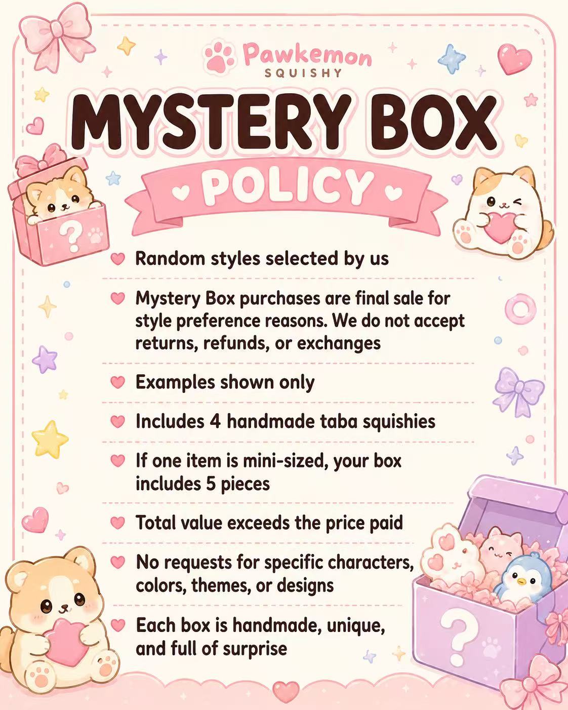 Pawkemon Squishy mystery box policy explaining random styles, final sale terms, four handmade taba squishies per box, and surprise designs