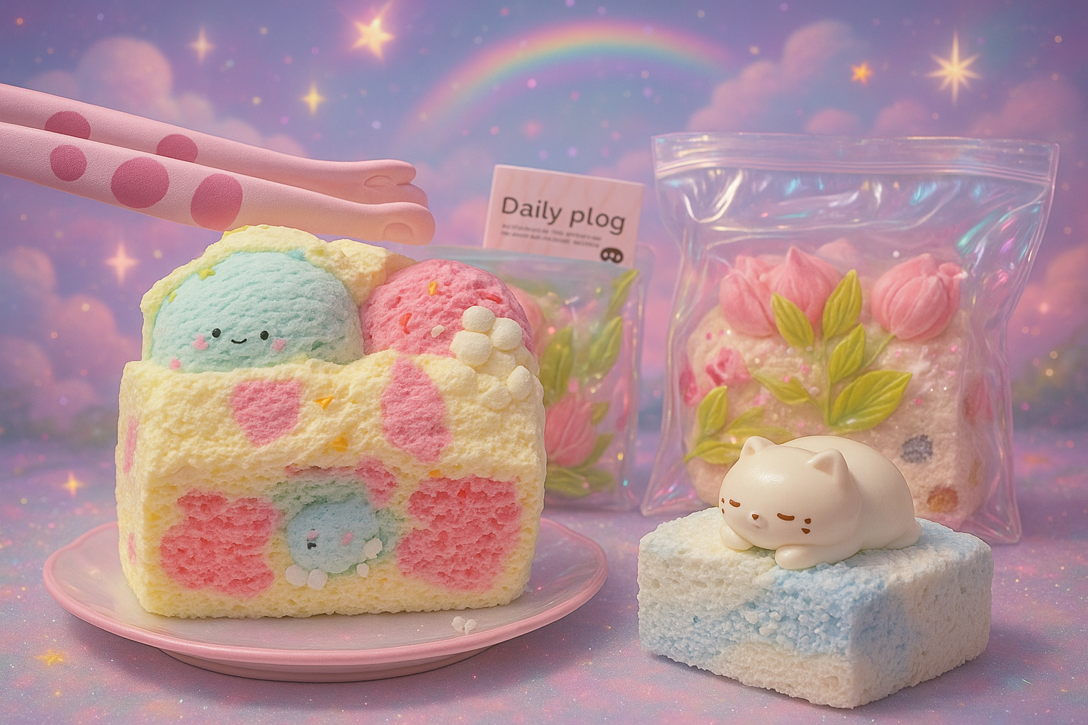 Pastel toast Taba Squishy collection featuring kawaii blue and pink character toast, floral butter toast, and a sleeping cat squishy, displayed in a dreamy rainbow background — Pawkemon Squishy