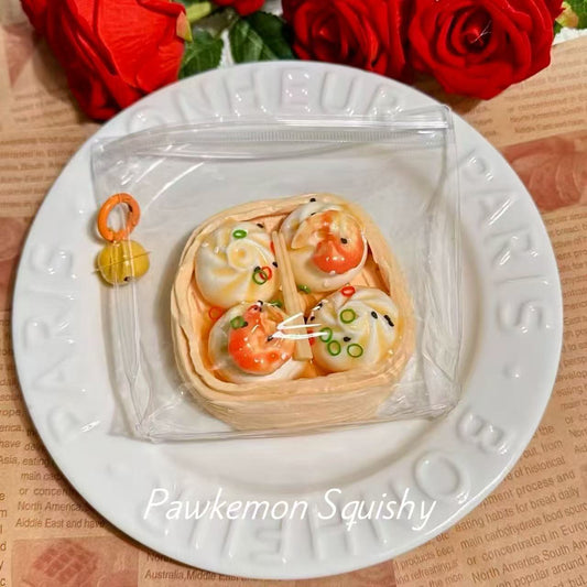 Dim sum shrimp squishy served on ceramic white plate, styled like gourmet food display
