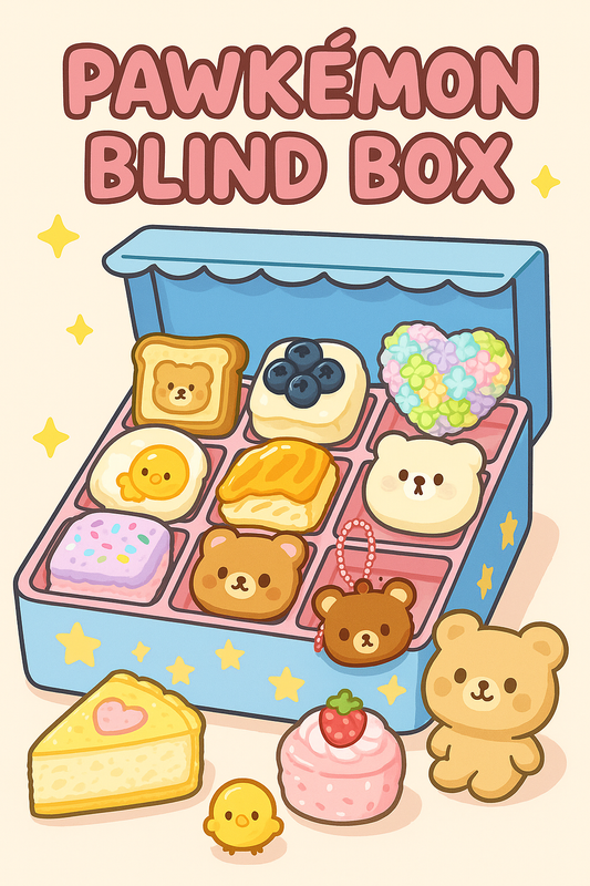Illustration of a 'Pawkémon Blind Box' with various cute items on a light pink background.
