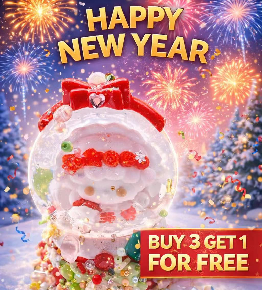 Happy New Year Pawkemon Squishy promotional image featuring a handmade snow globe squishy with festive decorations and Buy 3 Get 1 For Free offer
