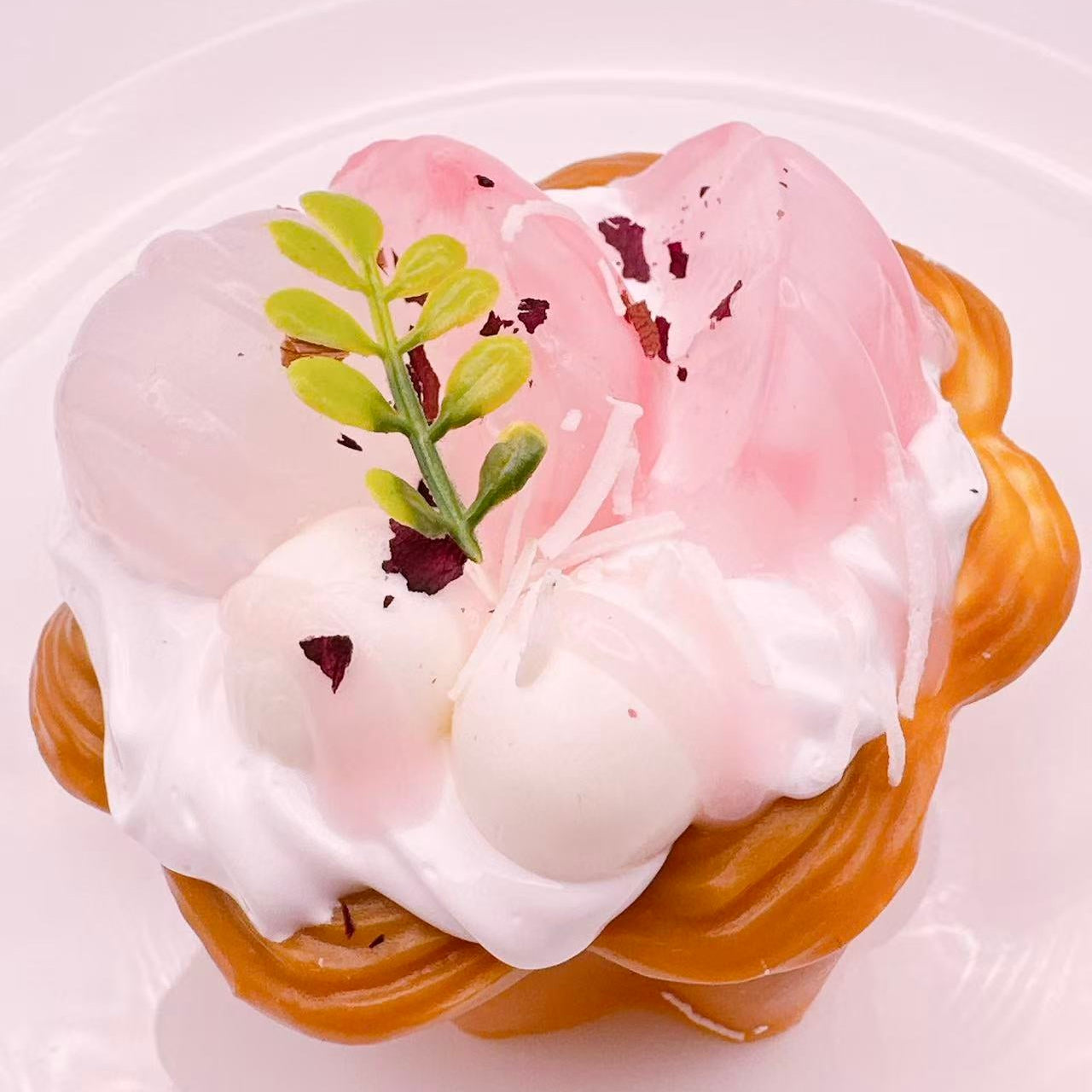 Handmade peach lychee cream tart taba squishy with soft pink translucent fruit topping, whipped cream texture, golden tart base and realistic silicone dessert details, luxury stress relief toy