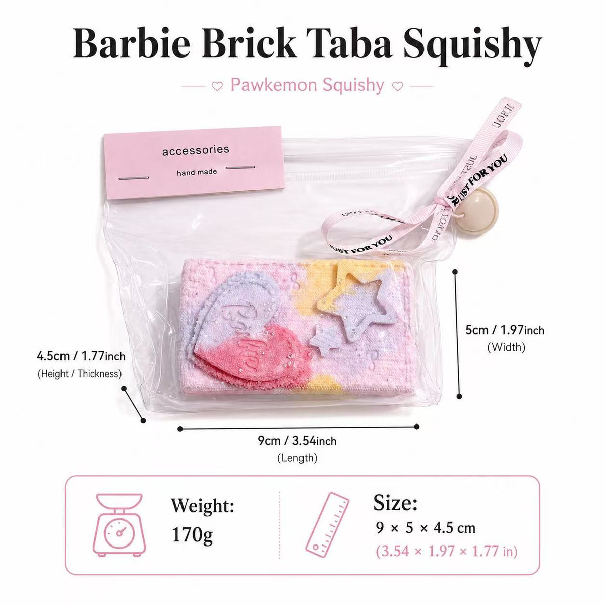 Size chart for Pink Denim Brick Taba Squishy by Pawkemon Squishy, showing the handmade silicone brick squishy measuring about 9.5 x 5 x 4.5 cm and weighing about 170 g.