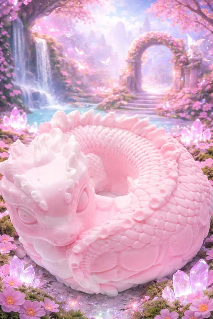 Handmade pink dragon coil taba squishy in a dreamy fantasy portal scene, soft silicone sensory toy
