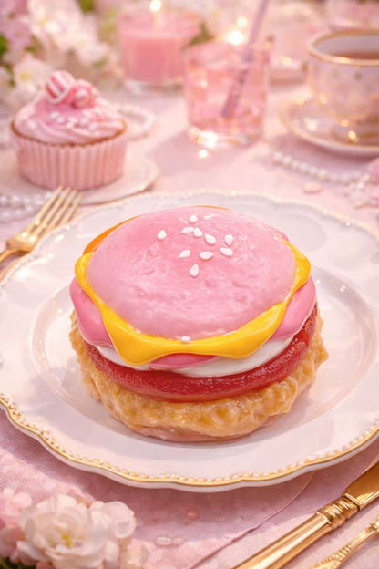 Pink Egg & Ham Burger Taba Squishy featuring ultra realistic pink bun, layered egg and ham details, and handmade gourmet burger design
