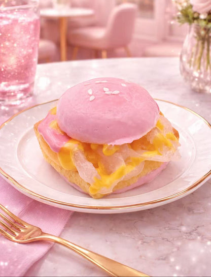Ultra realistic pink shrimp deluxe burger taba squishy with soft pink tones and delicate layered textures
