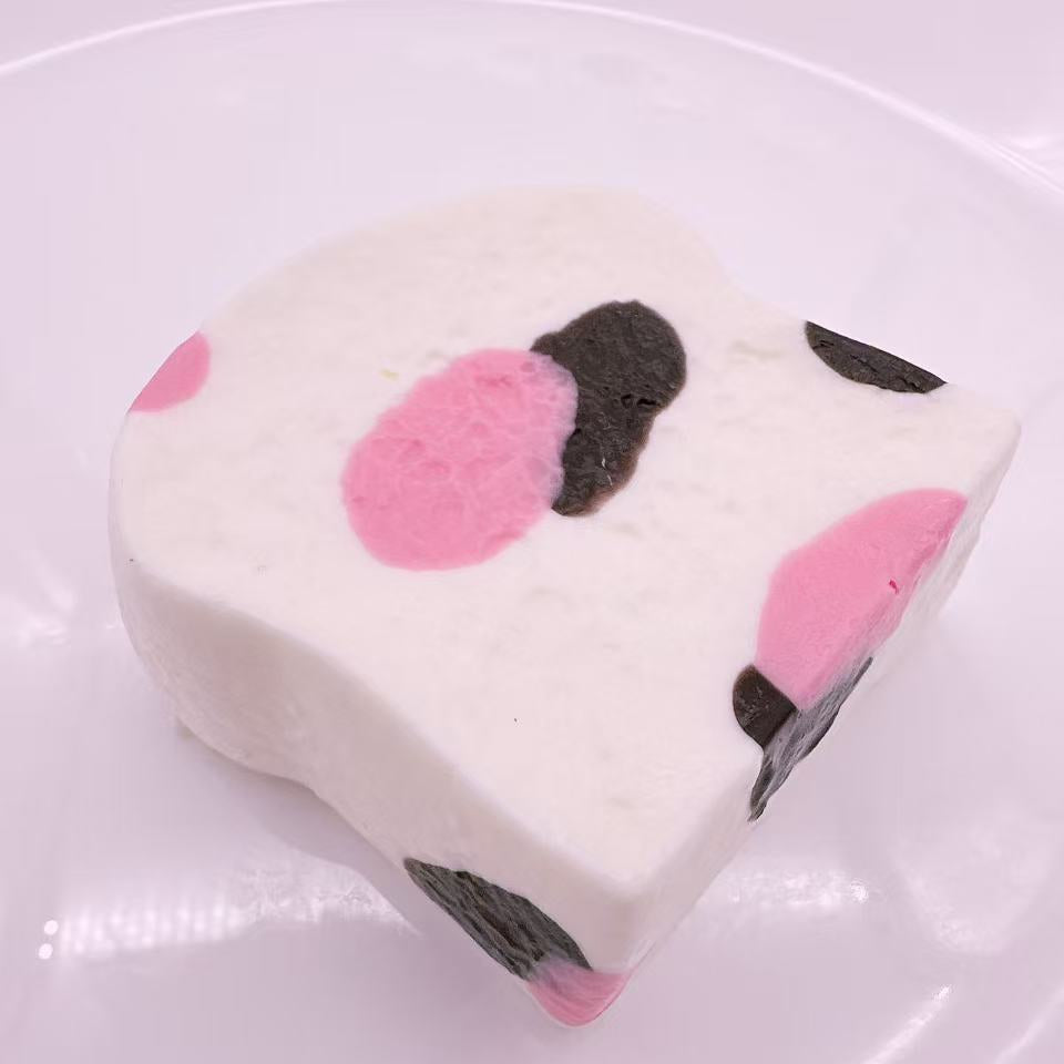 Pink Cow Toast Taba Squishy – adorable handmade toast squishy with pink cow spots, kawaii stress relief toy and cute collectible gift