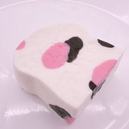 Pink Cow Toast Taba Squishy – adorable handmade toast squishy with pink cow spots, kawaii stress relief toy and cute collectible gift