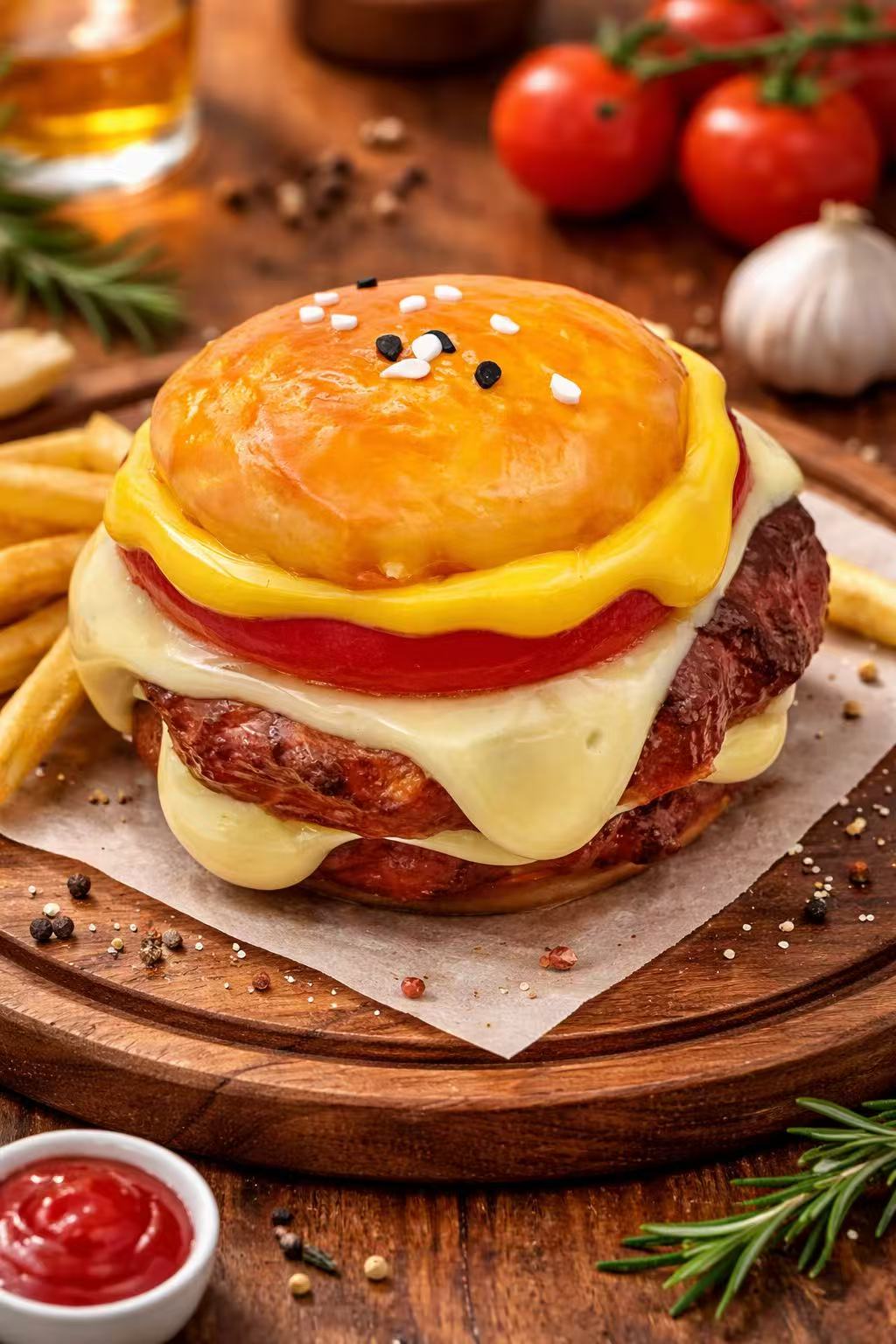 Premium Angus Beef Burger Taba Squishy featuring ultra realistic angus beef patties, melted cheese layers, and handmade gourmet burger design
