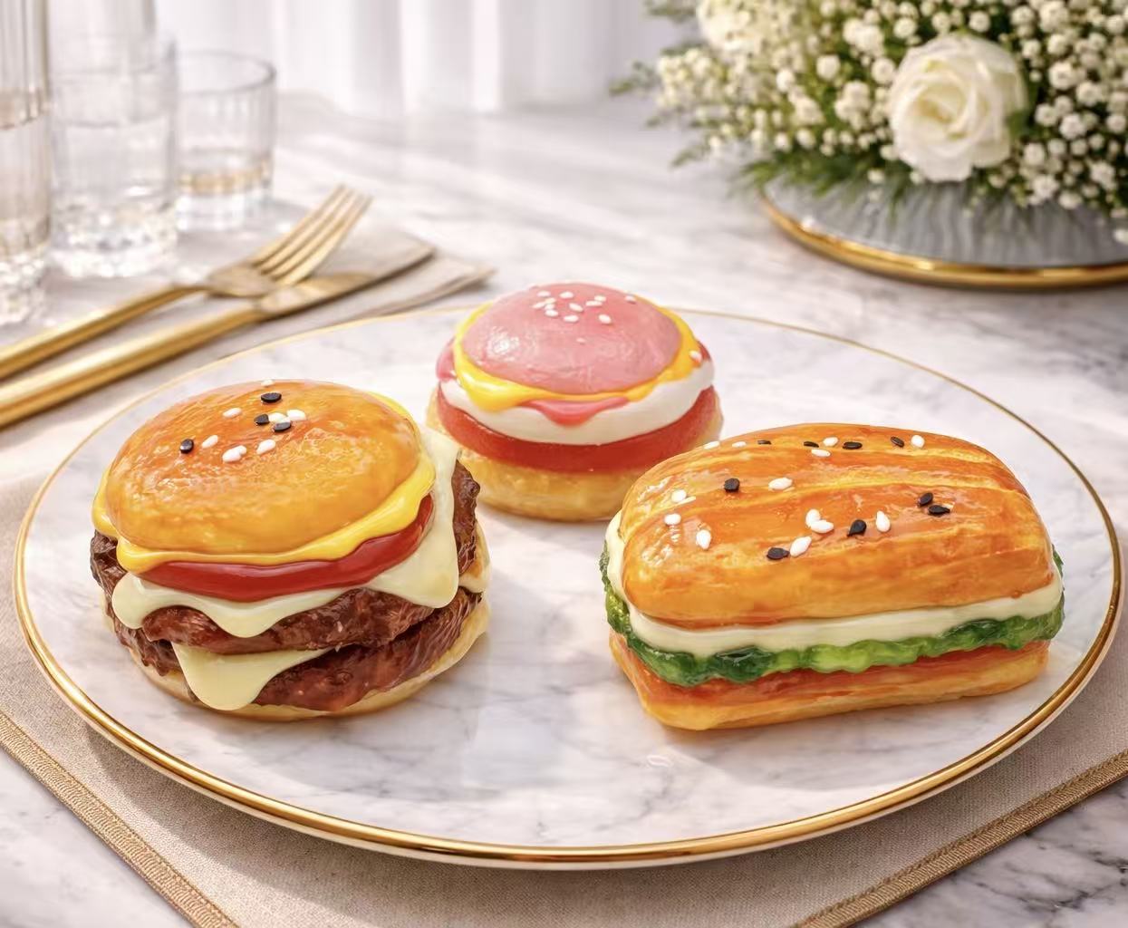 Premium Angus Beef Burger Taba Squishy, Teriyaki Grilled Burger Taba Squishy, and Pink Egg & Ham Burger Taba Squishy displayed together, ultra realistic handmade silicone burger squishy set
