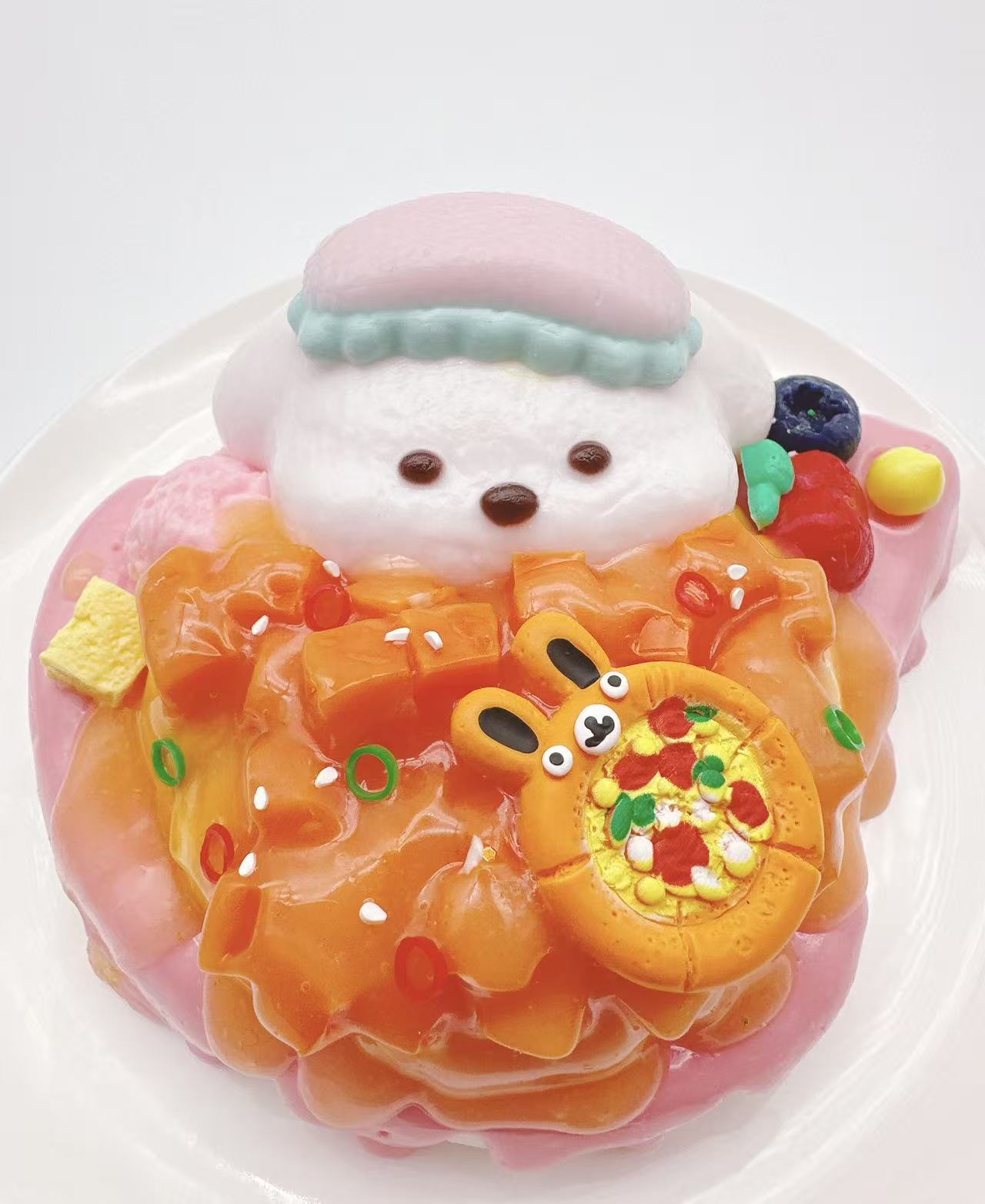Angle view of puppy salmon toast taba squishy, handmade silicone squishy featuring salmon topping, fruit details and adorable puppy design