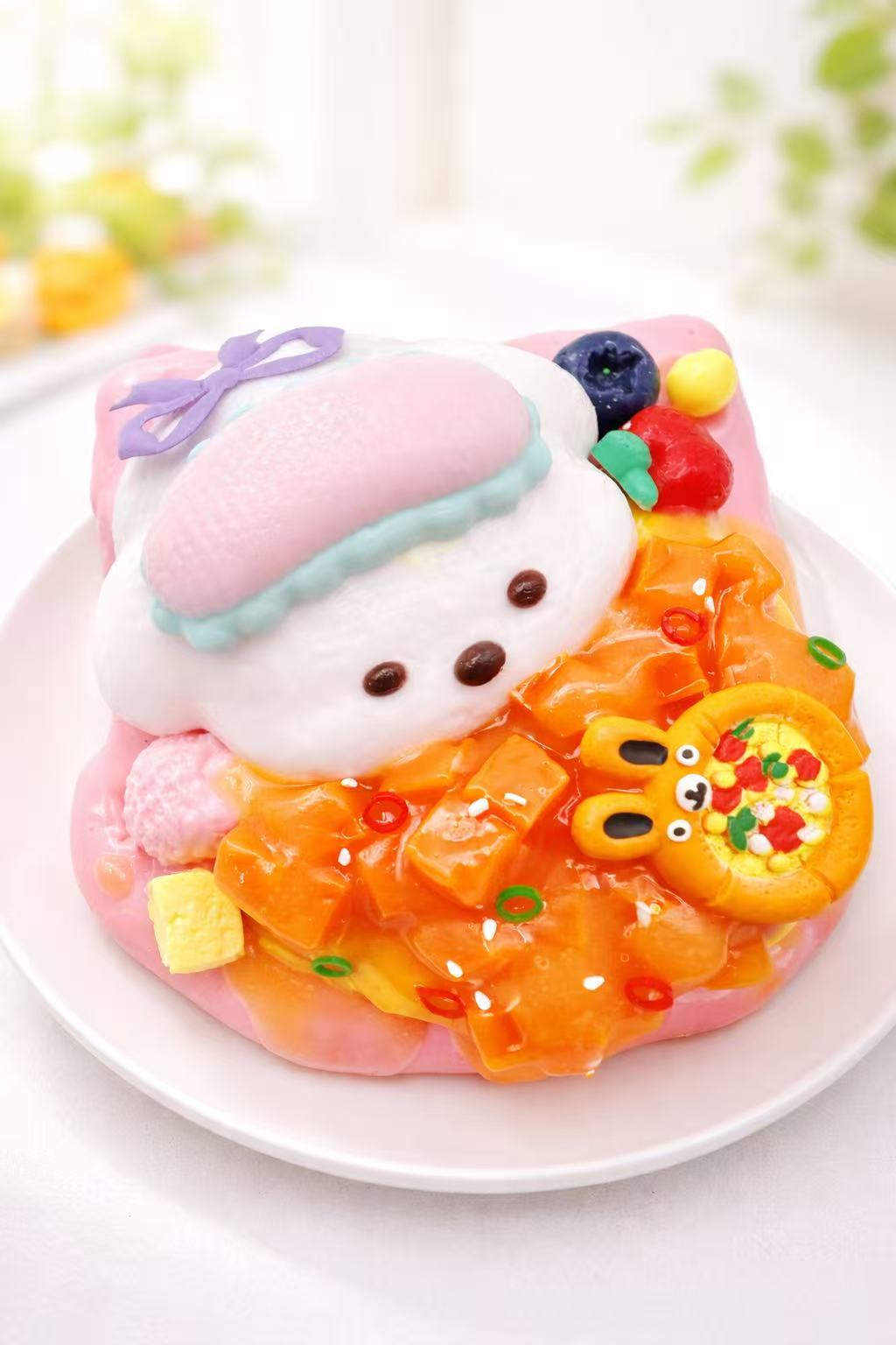 Puppy salmon toast taba squishy, handmade silicone squishy with creamy texture, salmon-style topping and cute puppy character, bakery dessert sensory toy
