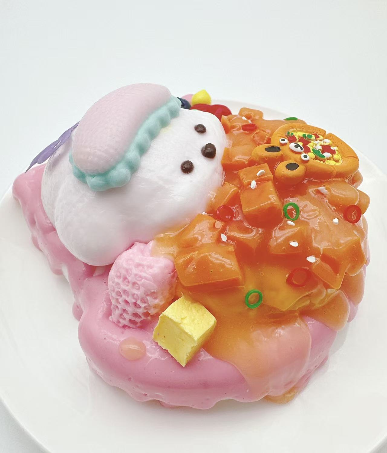 Side detail of puppy salmon toast taba squishy, handmade silicone sensory toy with creamy texture and cute puppy character
