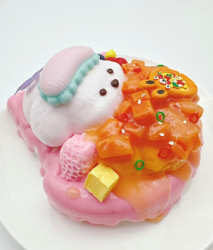 Side detail of puppy salmon toast taba squishy, handmade silicone sensory toy with creamy texture and cute puppy character
