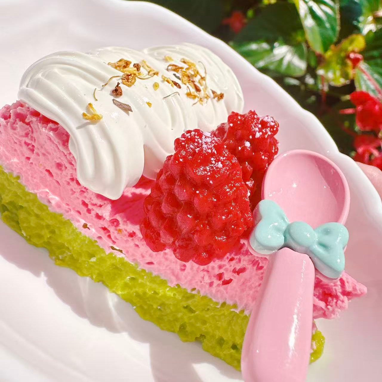 Raspberry Chantilly Taba Squishy with whipped cream topping, realistic raspberry details, and cute pink spoon, handmade kawaii stress relief toy for collectors and decor.