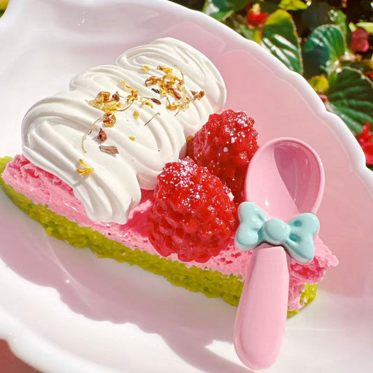 Handmade Raspberry Chantilly Taba Squishy featuring whipped cream swirl, red berry cluster, and pastel dessert design, kawaii stress relief toy for squishy lovers