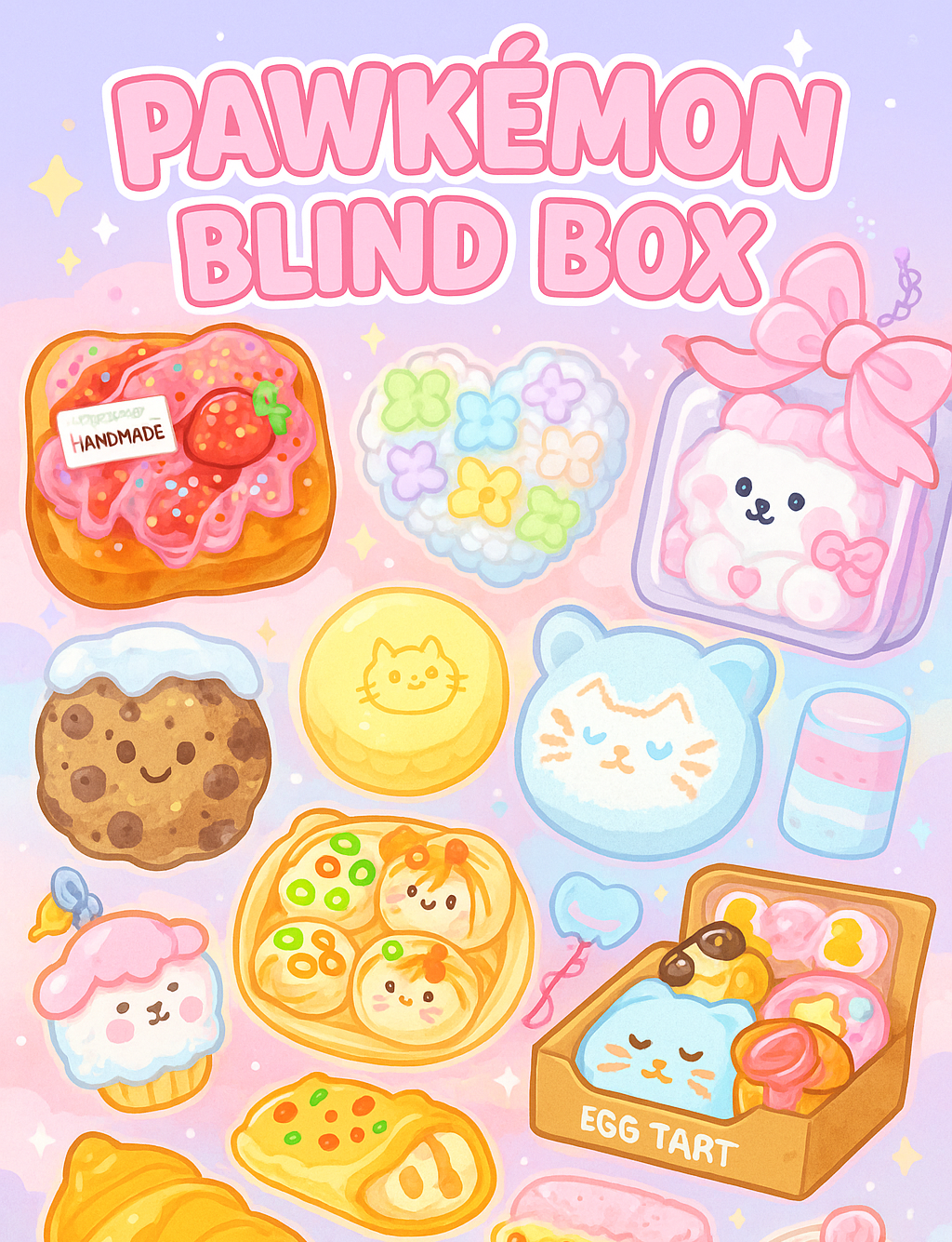 Illustration of a 'Pawkémon Blind Box' with various cute food items on a pink background.
