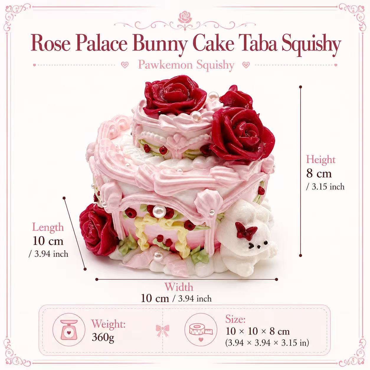 Size guide for Rose Palace Bunny Cake Taba Squishy showing measurements, weight, rose cake design, bunny detail, and handmade silicone decoration.