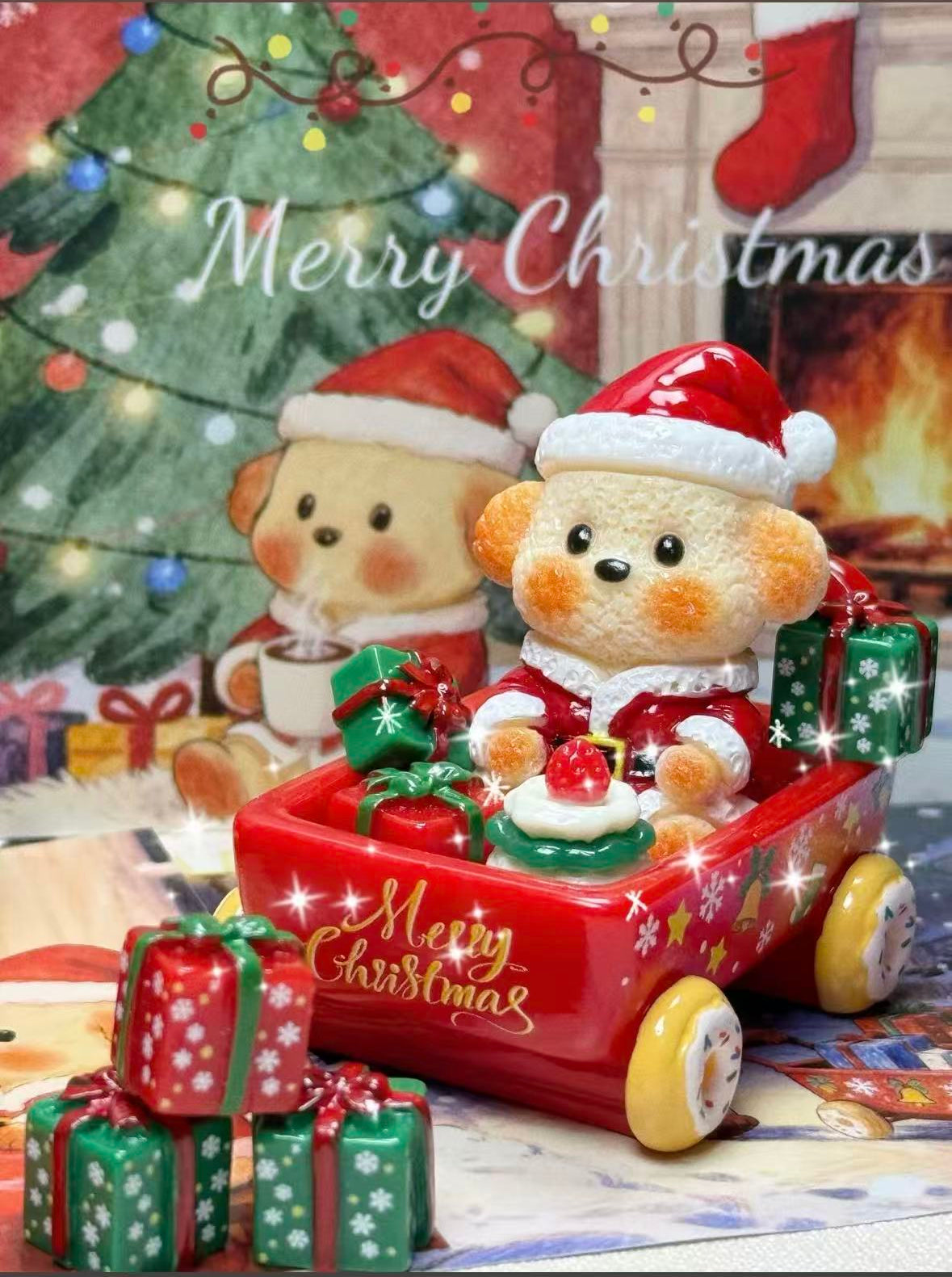 Bright red Santa Pup Gift Cart featuring a cute Santa puppy, gift boxes and mini cakes, Christmas themed collectible toy