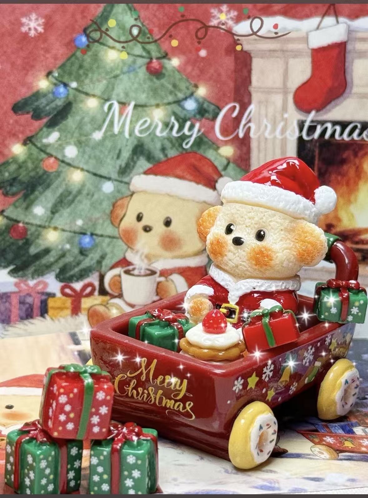 Santa Pup Gift Cart in deep red color featuring a Santa puppy sitting in a Merry Christmas wagon with gifts and cakes, festive Christmas background