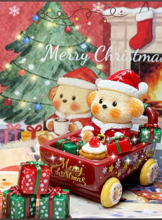 Santa Pup Gift Cart in deep red color featuring a Santa puppy sitting in a Merry Christmas wagon with gifts and cakes, festive Christmas background