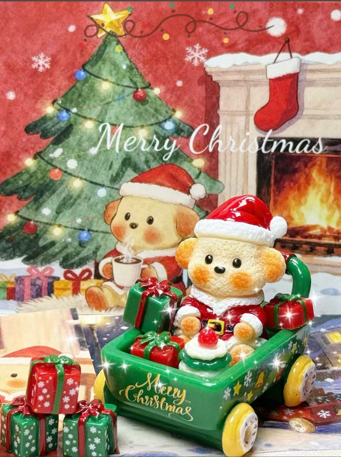 Green Santa Pup Gift Cart with adorable Santa puppy, Christmas gifts and desserts displayed in a festive holiday scene
