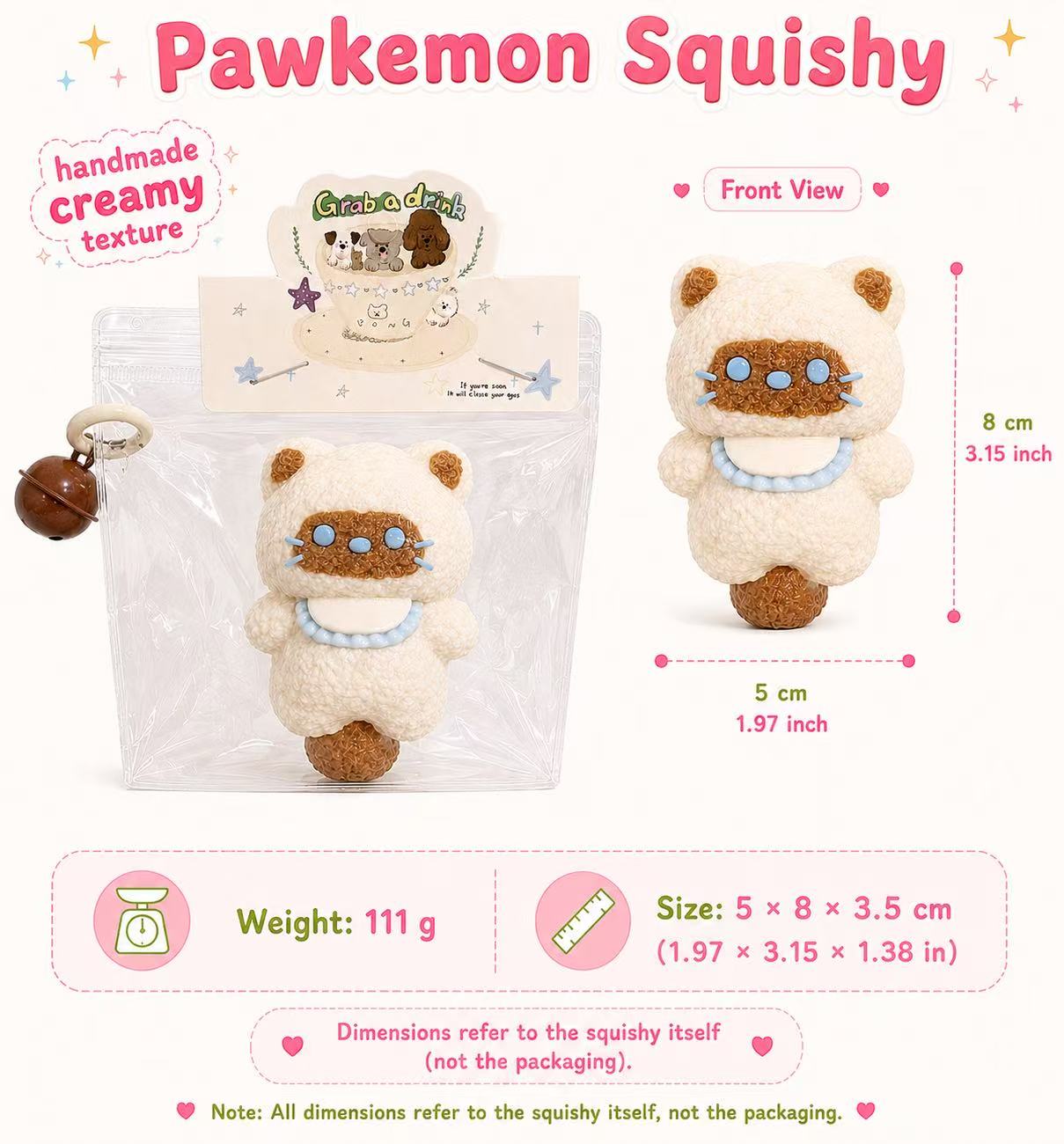 Size chart for Siamese Cat Taba Squishy by Pawkemon Squishy, showing the handmade silicone cat squishy measuring about 5 x 8 x 3.5 cm and weighing about 111 g.