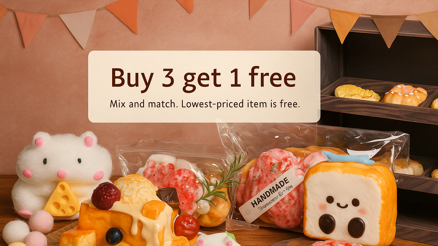 A high-resolution promotional banner featuring Taba Squishy products, highlighting a 'Buy 3 Get 1 Free' offer with realistic textures and detailed silicone squishies. The layout emphasizes cute and colorful designs ideal for holiday or sales campaigns."