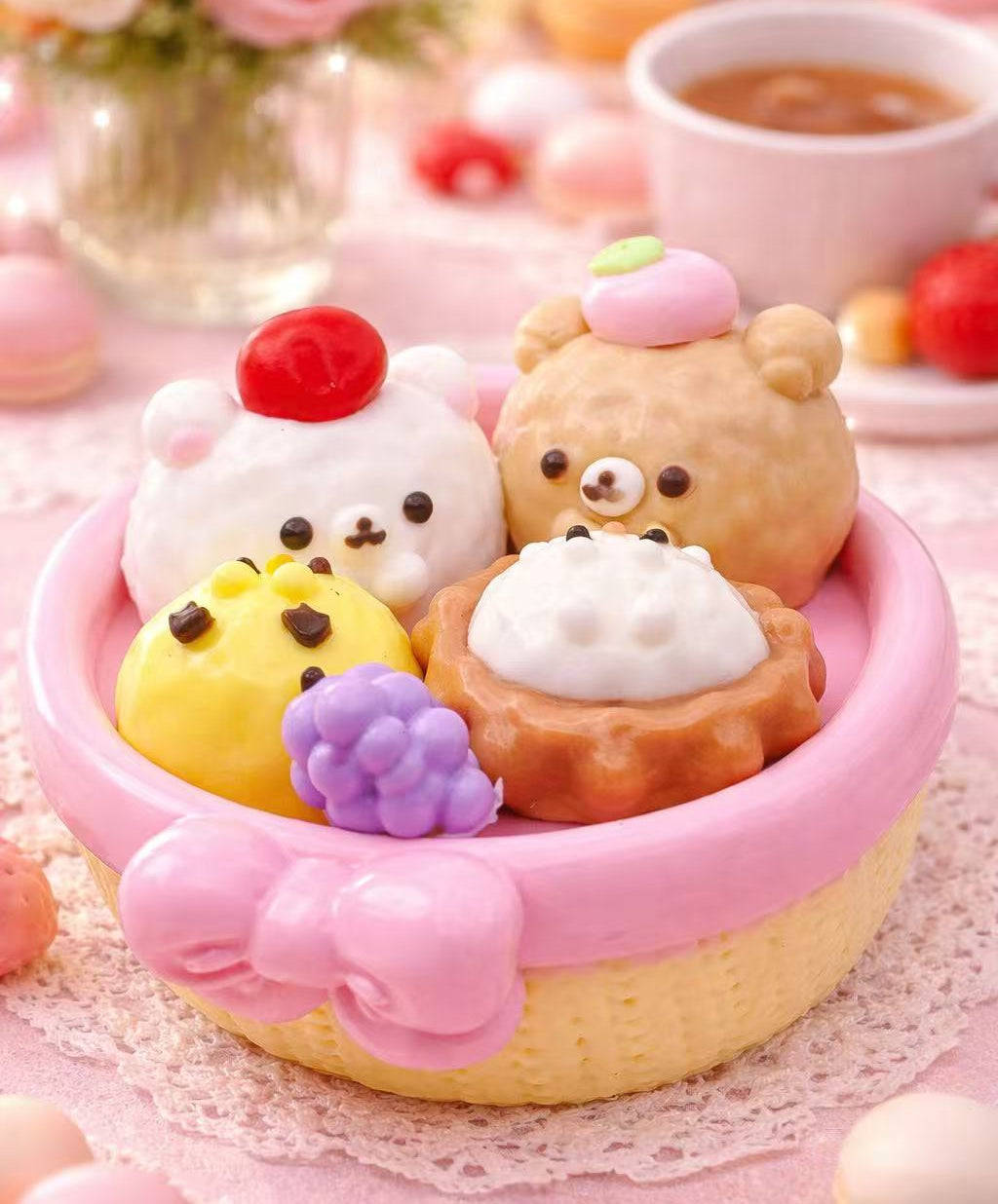 Sweet Cozy Nest Taba Squishy featuring handmade silicone bear desserts in a cozy basket with bottom layer
