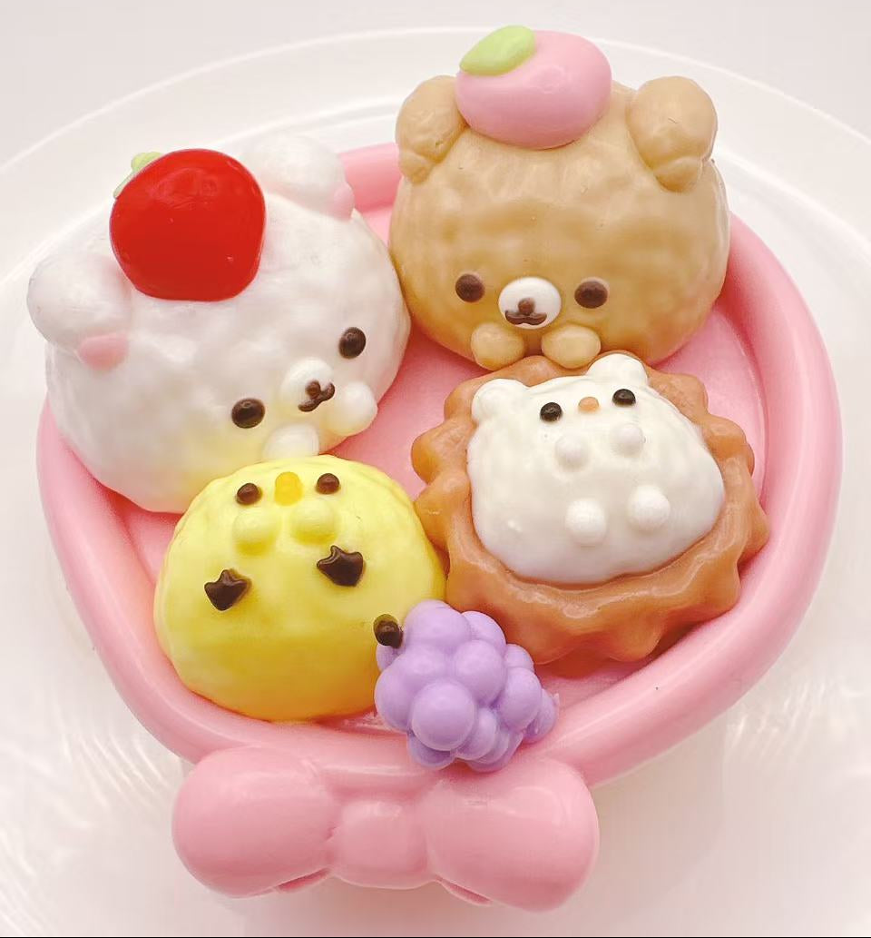 Handmade Sweet Cozy Nest Taba Squishy with cute bear dessert characters in a cozy nest basket
