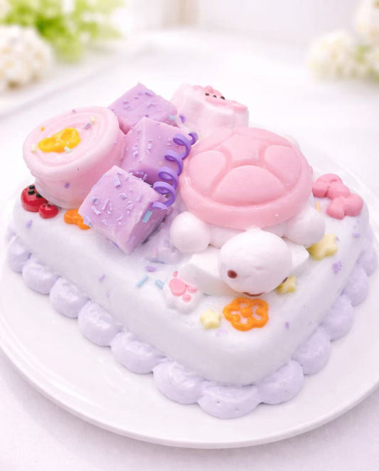 Turtle & Bunny Dream Cake Taba Squishy, handmade pastel dessert silicone squishy cake with cute turtle and bunny design, front view
