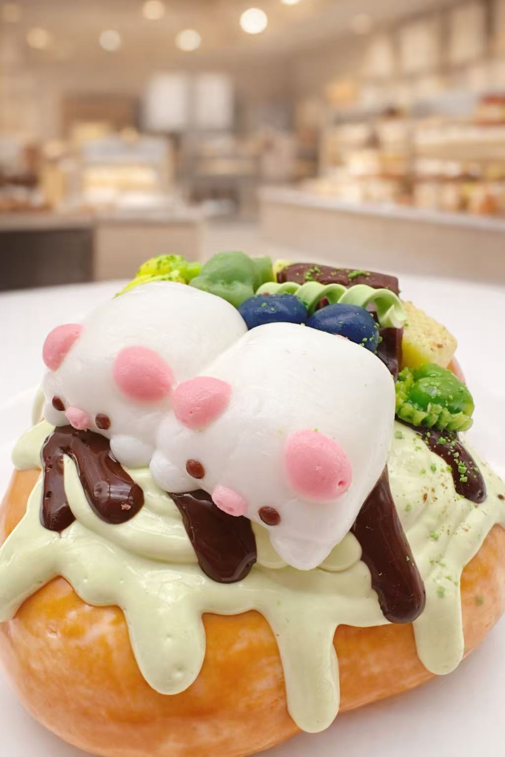 Two pigs dessert toast taba squishy, handmade silicone squishy with chocolate drizzle, candy, fruit toppings and cute pig figures, bakery dessert style sensory toy
