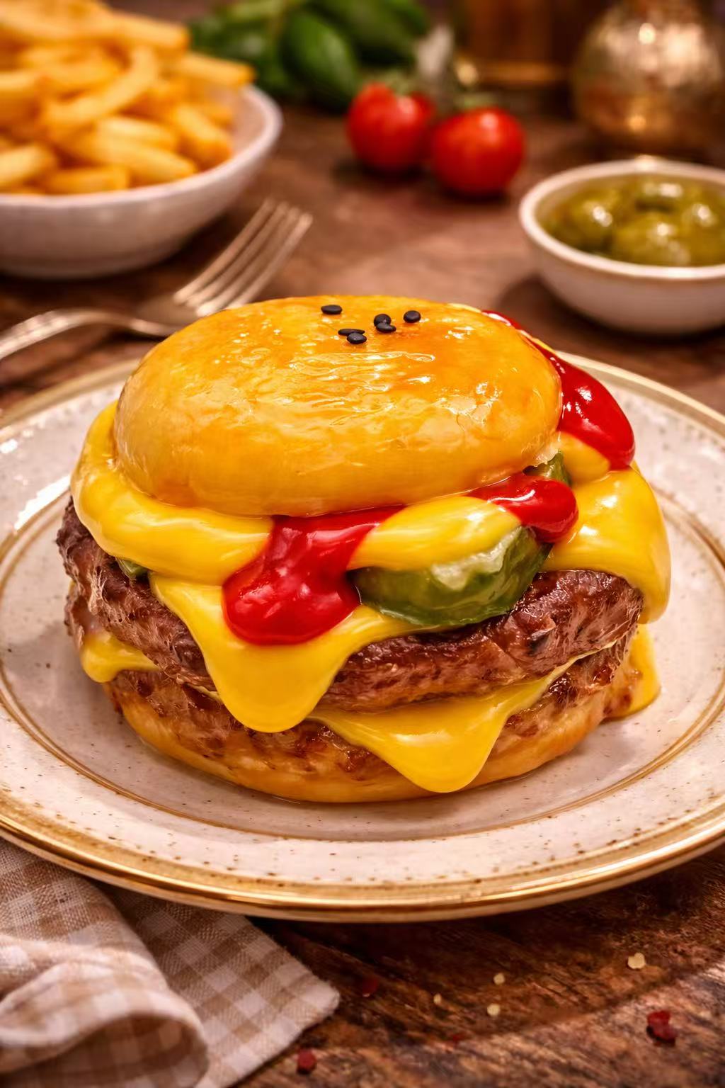 Ultimate Cheesy Chicken Burger Taba Squishy featuring ultra realistic melted cheese, juicy chicken layers, and handmade gourmet burger details
