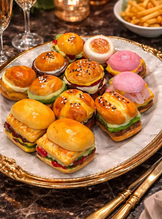 Ultra Realistic Burger Taba Squishy Collection featuring handmade gourmet burger squishies with hyper-realistic details, presented on a luxury restaurant plate
