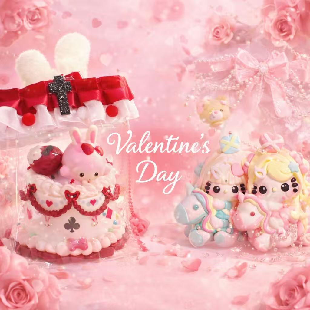 Square Valentine’s Day banner featuring two handmade taba squishy toys, a pink bunny cake squishy and a pastel unicorn couple squishy, styled in a romantic pink Valentine’s Day theme with hearts and soft lighting
