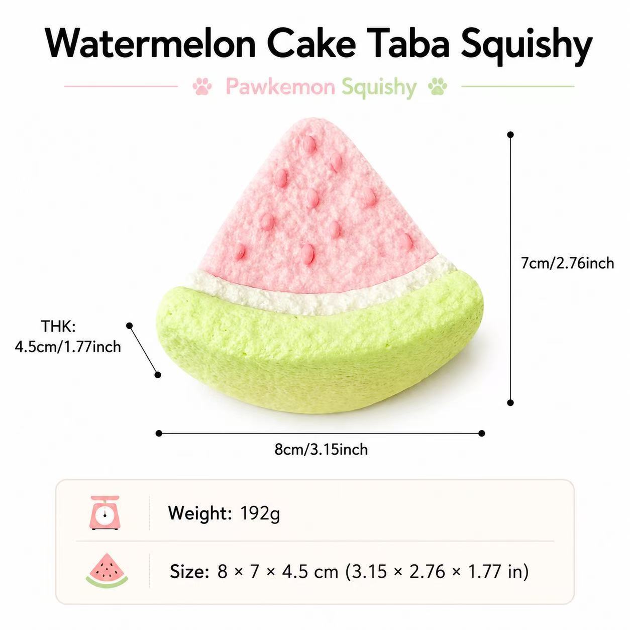 Watermelon cake Taba Squishy with measurements and details on a white background