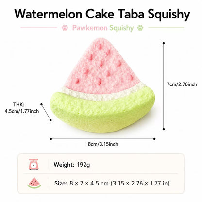 Watermelon cake Taba Squishy with measurements and details on a white background