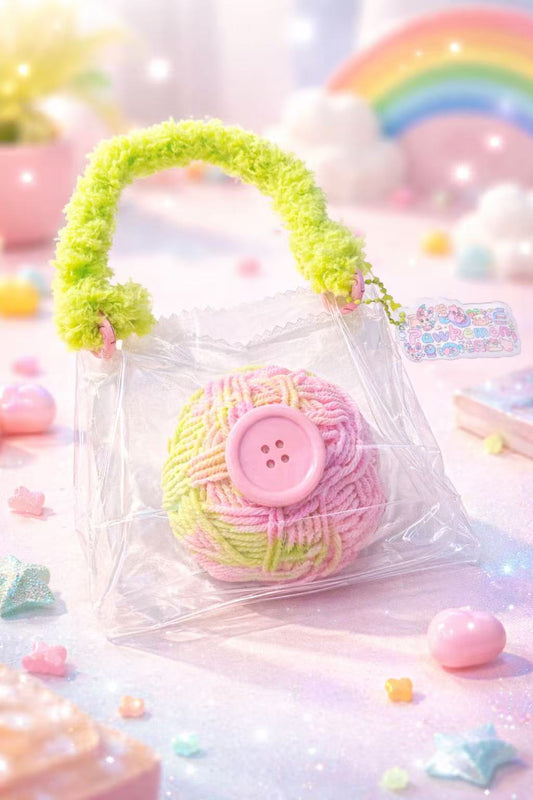 Pastel-colored yarn ball squishy with a button in a clear bag against a colorful background